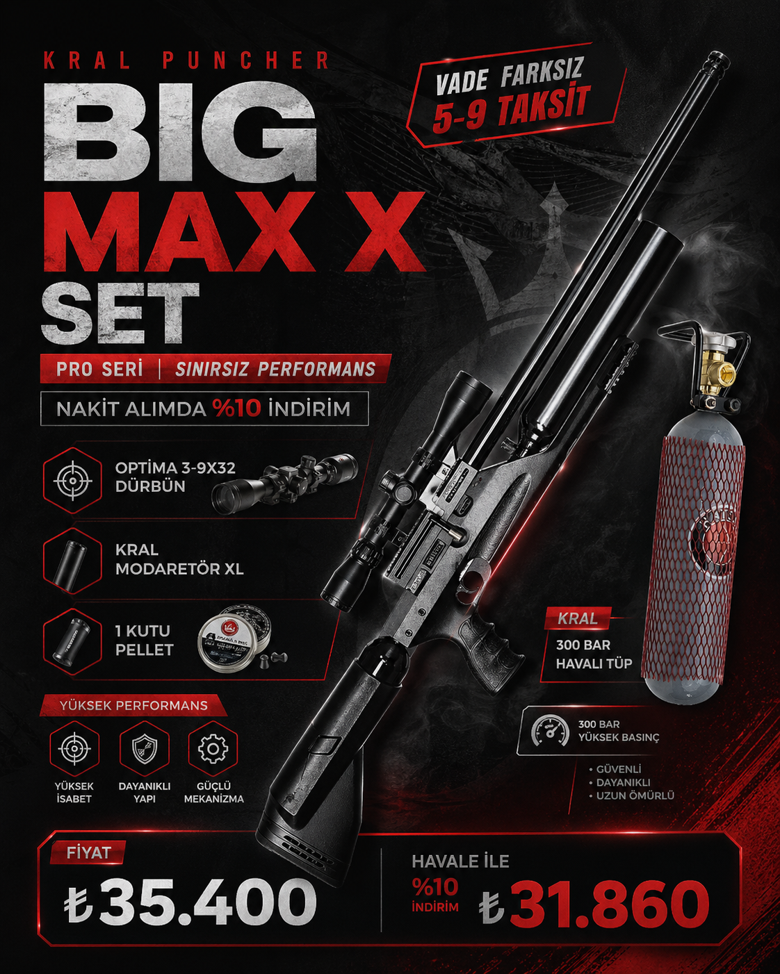 KRAL BİGMAX X SİYAH PCP HAVALI TÜFEK FUL SET